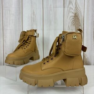 Steve Madden Tanker P Combat Boots Chunky Platform Ankle Booties Tan Size 5